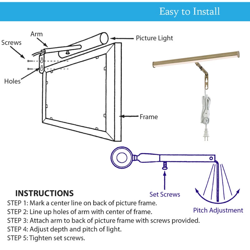 Ciata Picture Light Picture Frame Light Adjustable 14-Inches Integrated LED Art Light, 15 Watt Metal Picture Lights for Wall, Artwork Light with in-line On/Off Switch E12 Candelabra Base Antique Brass - Image 4